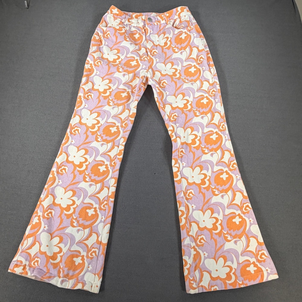 SHEIN Floral‎ Flare Jeans Orange Purple Psychedelic Flower Power Retro Pants S 4